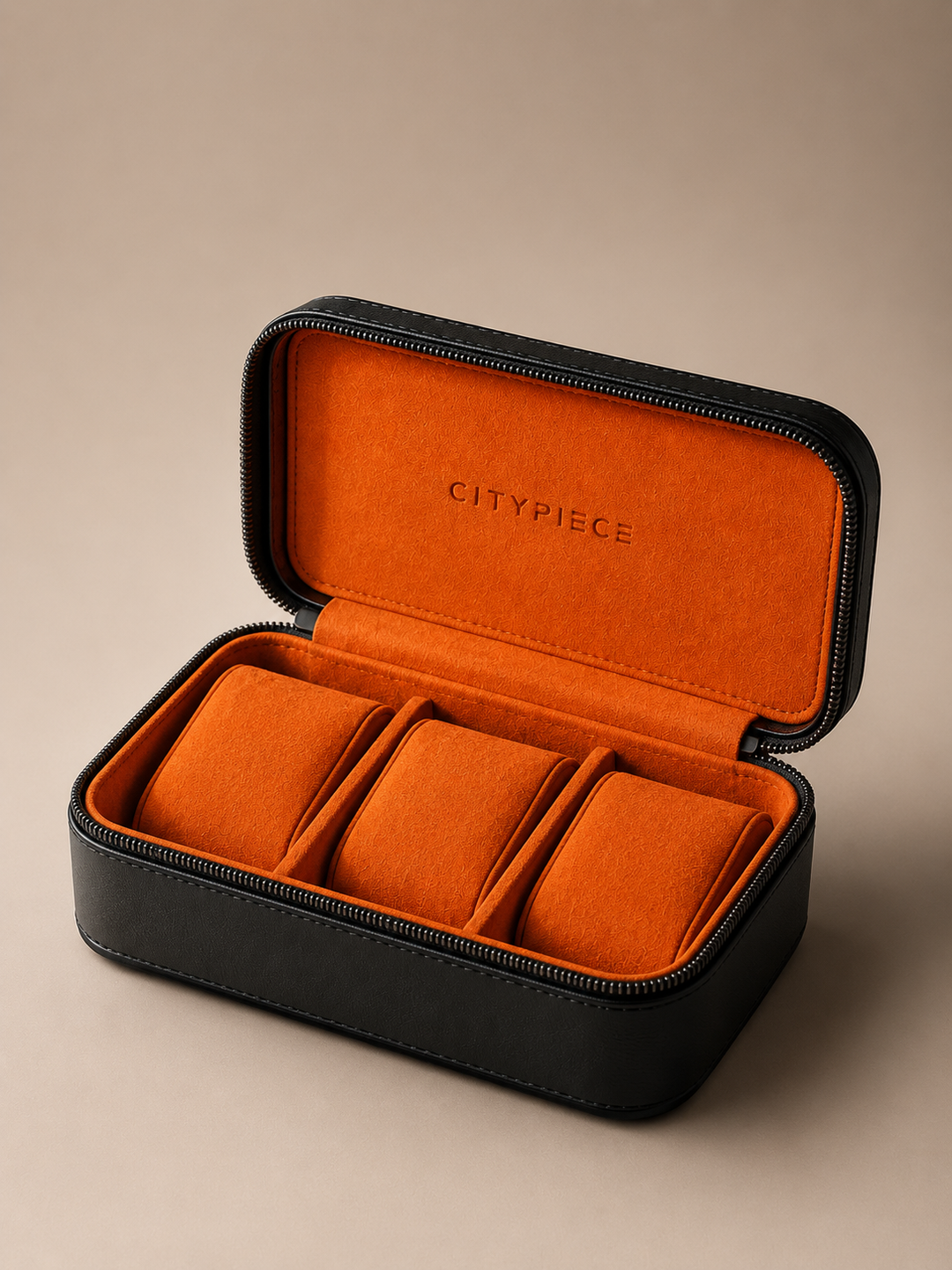 Citypiece 3-Watch Travel Case . Black with Orange Interior