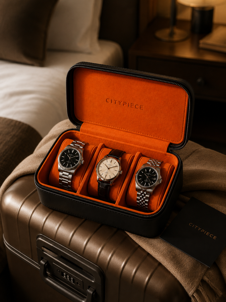 Citypiece 3-Watch Travel Case . Black with Orange Interior