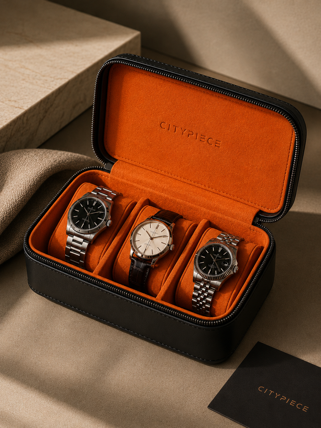 Citypiece 3-Watch Travel Case . Black with Orange Interior