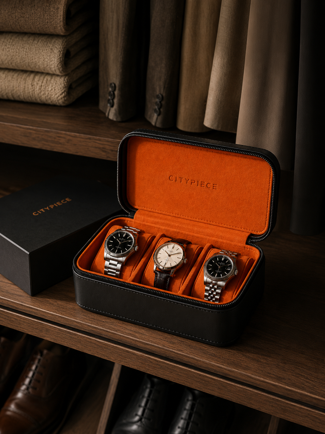 Citypiece 3-Watch Travel Case . Black with Orange Interior